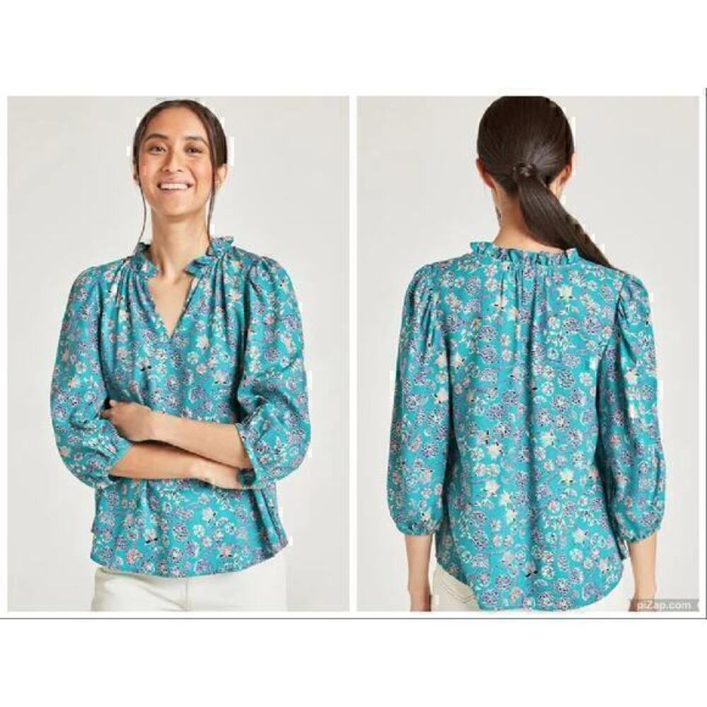 Thought Chandri Crepe Blouse Midori Green Blue Floral Print Size 6